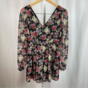 B_envied Large Rose Floral V Neck Sheer Sleeve Mini Skirt Formal Pleat Flowy